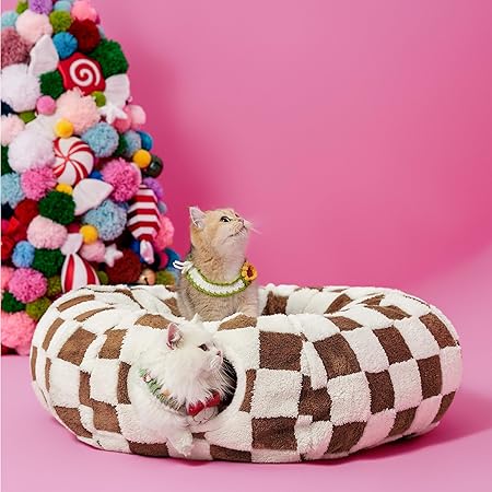 Lesure Cat Tunnel Bed for Indoor - Cute Cat Donut Tunnel with Washable Circle Cushion, Round Pet Peekaboo Cave Toy for KittenPuppyRabbit, Brown