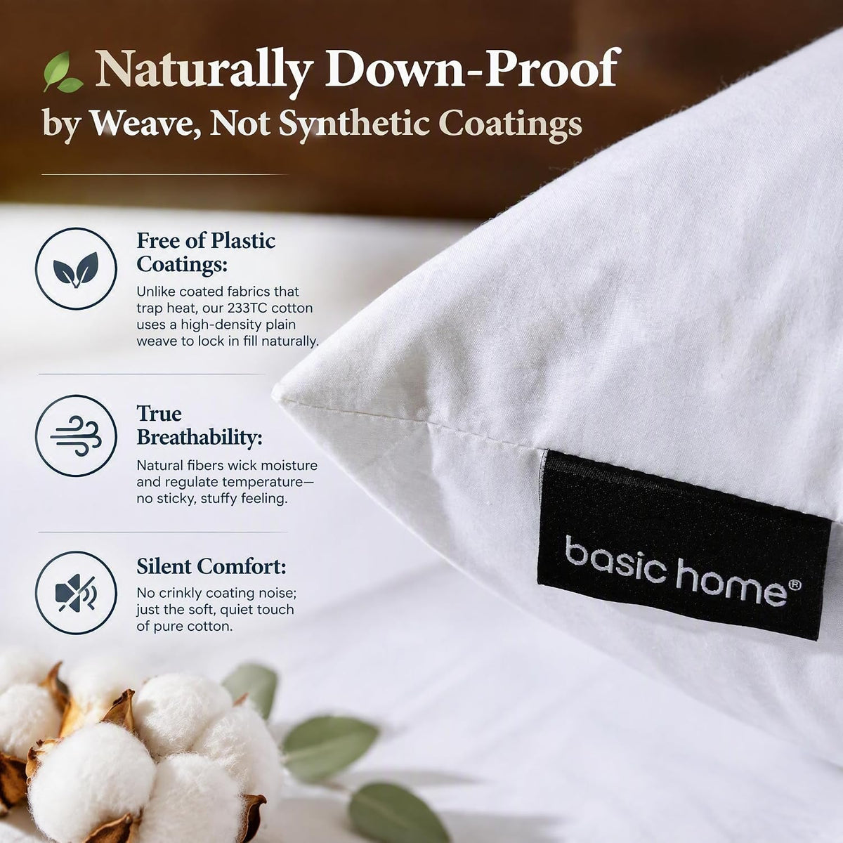 basic home® Hotel-Style Goose Feather Pillow Insert for Sofa & Bed - 100% Odorless & Plump Cushion Filler - 233TC Cotton with Inner Liner to Prevent Poking (22x22 Inch)