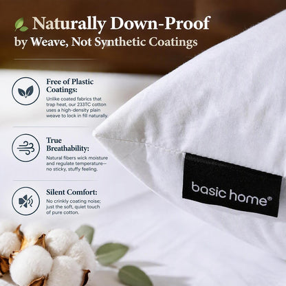 basic home® Hotel-Style Goose Feather Pillow Insert for Sofa & Bed - 100% Odorless & Plump Cushion Filler - 233TC Cotton with Inner Liner to Prevent Poking (22x22 Inch)