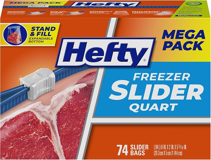 Hefty Slider Quart Freezer Bags, 74 Count, Quart Slider Bags for Freezer, Holds Individual Leftovers, Sliced Fruits and Veggies, and More, Writable Label, Secure Zip and Click Closure
