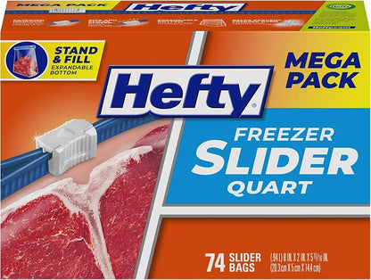Hefty Slider Quart Freezer Bags, 74 Count, Quart Slider Bags for Freezer, Holds Individual Leftovers, Sliced Fruits and Veggies, and More, Writable Label, Secure Zip and Click Closure
