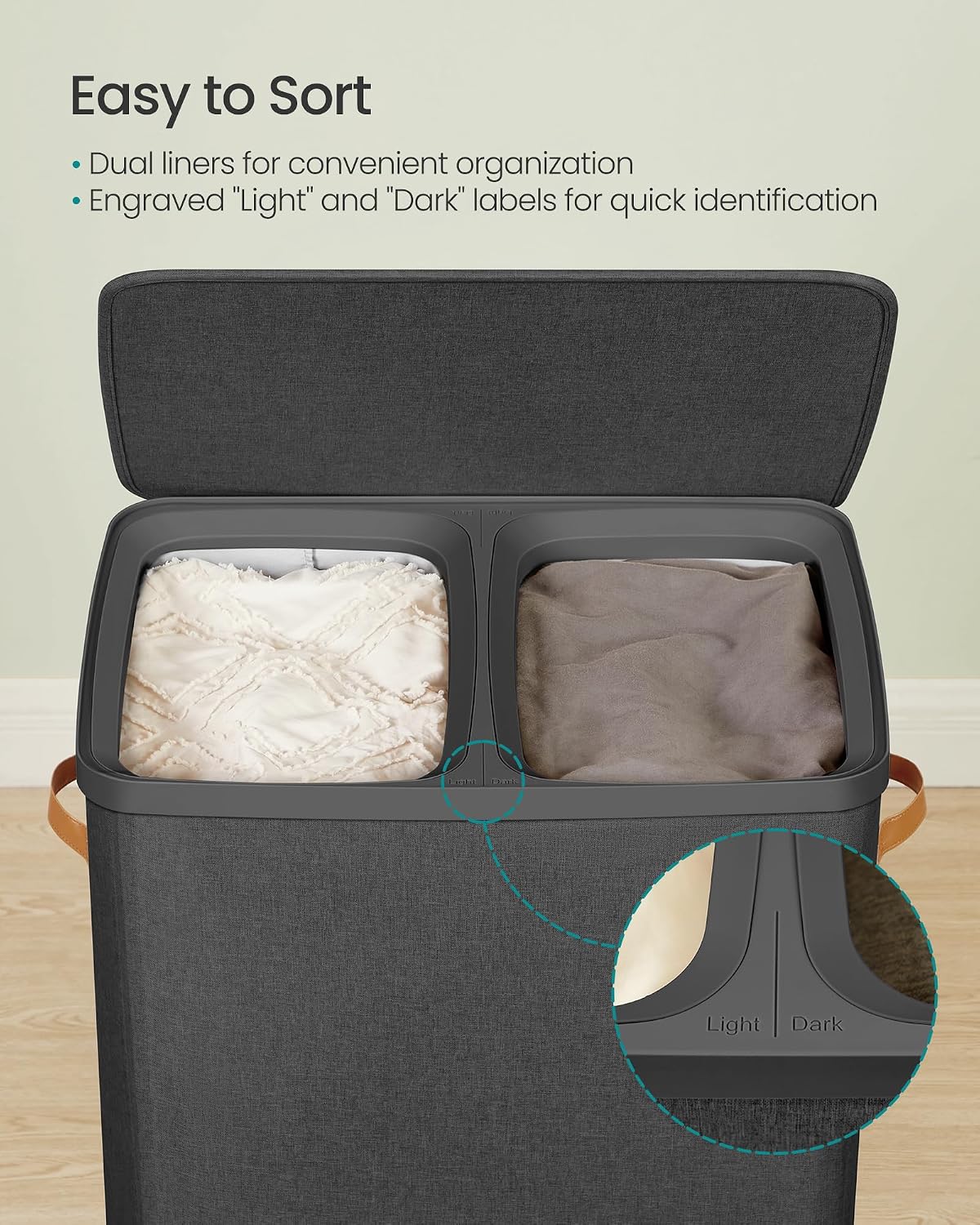 SONGMICS Laundry Basket, 44.9 Gal. Laundry Hamper, 2 Compartments, Easy Assembly, with Lid and Handles, Removable Liners, 22 x 15.7 x 29.5 Inches, Ink Black ULCB813B01