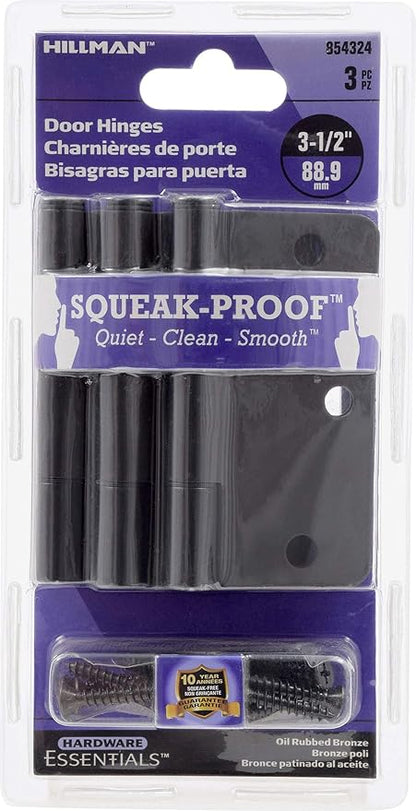 Hardware Essentials 854324 Smooth Corner Squeak-Proof Door Hinges, 3-12 inch, Oil Rubbed Bronze, 1 Count
