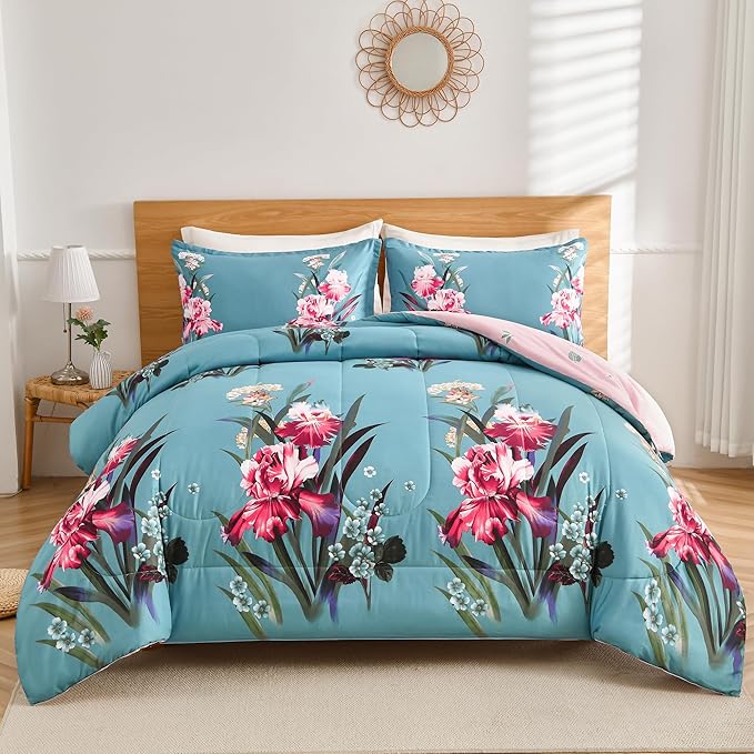 Shatex (86x82Inch 3 Piece Full Size Comforter Set Blue All Season Bedding Botanical Teal Floral - Ultra Soft 100 PolyesterAi 1 Full Comforter with 2 Pillow Shams(20x26Inch)