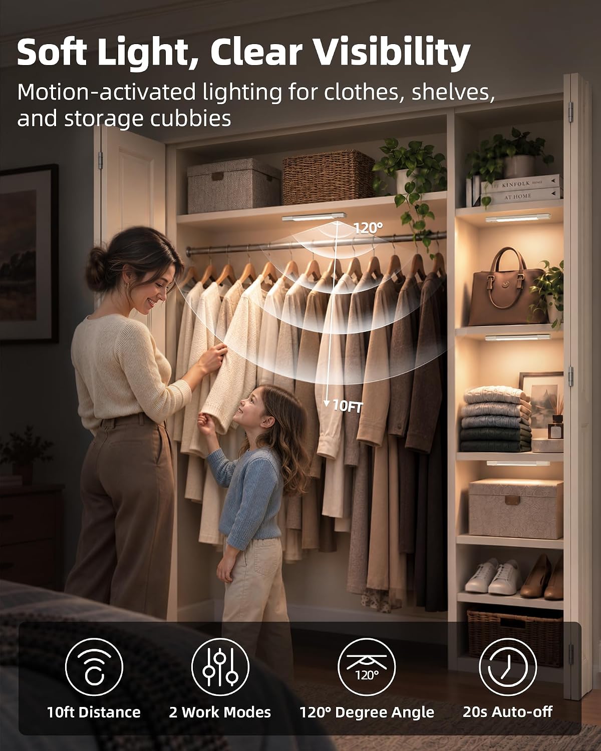 EZVALO 7.8" Rechargeable Motion Sensor Light Indoor, 6-Pack Under Cabinet Lighting, Wireless Closet Lights, 30 LED, Dimmable, 3 Color Temperatures, Step Lights for Kitchen, Pantry, Bedroom, Wardrobe