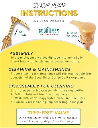 Gold Coffee Syrup Pump for 750ml Bottles (Pack of 1)  Fits Torani, (Monin 1 Liter Plastic Bottle Only), DaVinci, Jordan's Skinny, and Upouria
