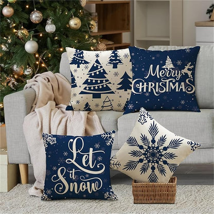 Christmas Pillow Covers 16x16 Blue Christmas Decorations Snowflake Throw Pillow Covers Xmas Tree Winter Holiday Decor Cushion Case for Sofa Couch Set of 4