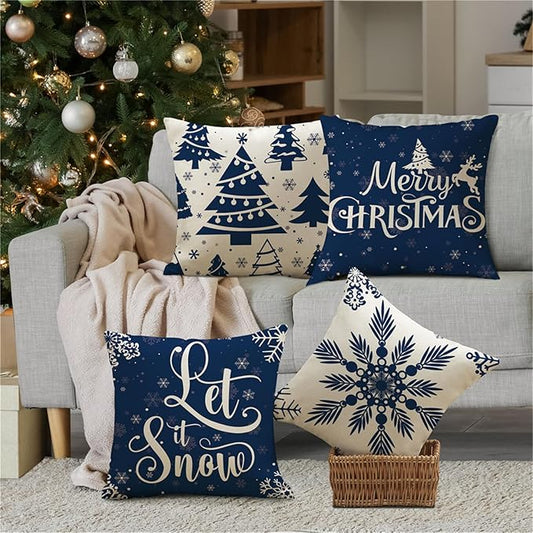 Christmas Pillow Covers 16x16 Blue Christmas Decorations Snowflake Throw Pillow Covers Xmas Tree Winter Holiday Decor Cushion Case for Sofa Couch Set of 4