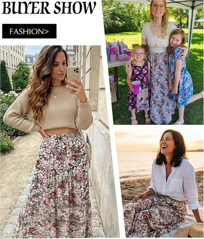 EARKOHA Womens Boho Maxi Skirt 2026 Summer Cruise Casual High Waist Tie Flowy Long Skirt with Pockets For Beach Vacation