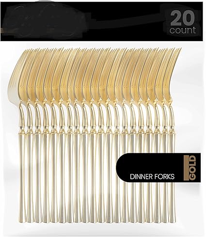 PlasticPro 20 Count Gold Plastic Dinner Forks Premium Quality Heavy Duty Disposable Elegant Silverware Dinner forks for Party
