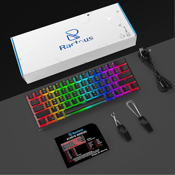 Ractous RTK61 60 Mechanical Gaming Keyboard with PBT Pudding keycap, RGB Backlit Hot Swappable Type-C 61Key Ultra-Compact Keyboard with Full Key Programmable-Black(Gateron Optical Blue Switch