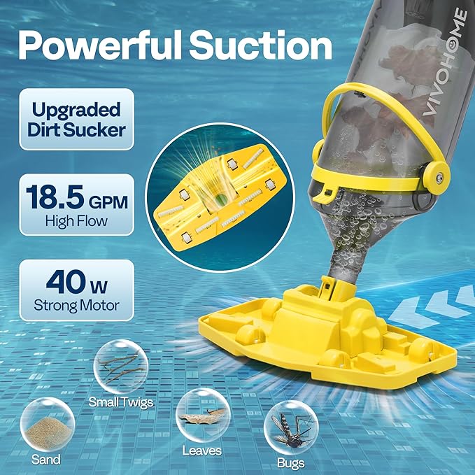 VIVOHOME Cordless Pool Vacuum with Telescopic Pole, Powerful Suction up to 18.5 GPM, 60 Mins Running Time, Handheld Rechargeable Swimming Pool Cleaner for Pools/Spas/Hot Tubs - Yellow