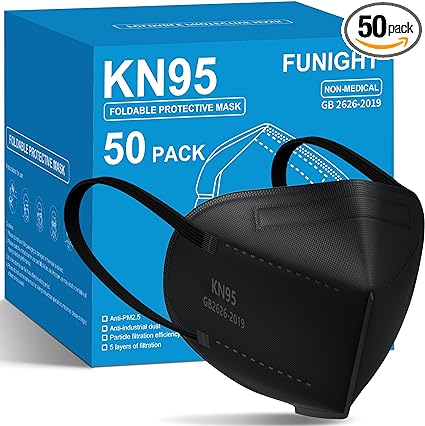 Funight KN95 Face Masks 50 Pack 5-Ply Breathable Filter Disposable Face Masks Black