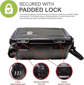 Smell Proof Tobacco Storage Box - ABS Plastic Odor Resistant Container with Easy Grip Handle Portable Case Padded Lock 3 Digit Combination Black