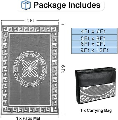 OutdoorLines Outdoor Reversible Rugs for Patio 4x6 ft - Plastic Area Rug, Stain  UV Resistant Portable RV Carpet, Plastic Straw Mats for Porch, Pool Deck and Camping QuatrefoilGray  White