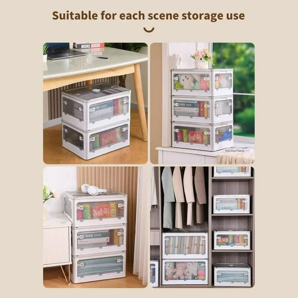 Plastic Storage Bins with Lids, 3 Packs Folding Stackable Storage Bins with Doors and Wheels, Transparent Storage Cabinet Box Organizers and Storage Containers, 85L
