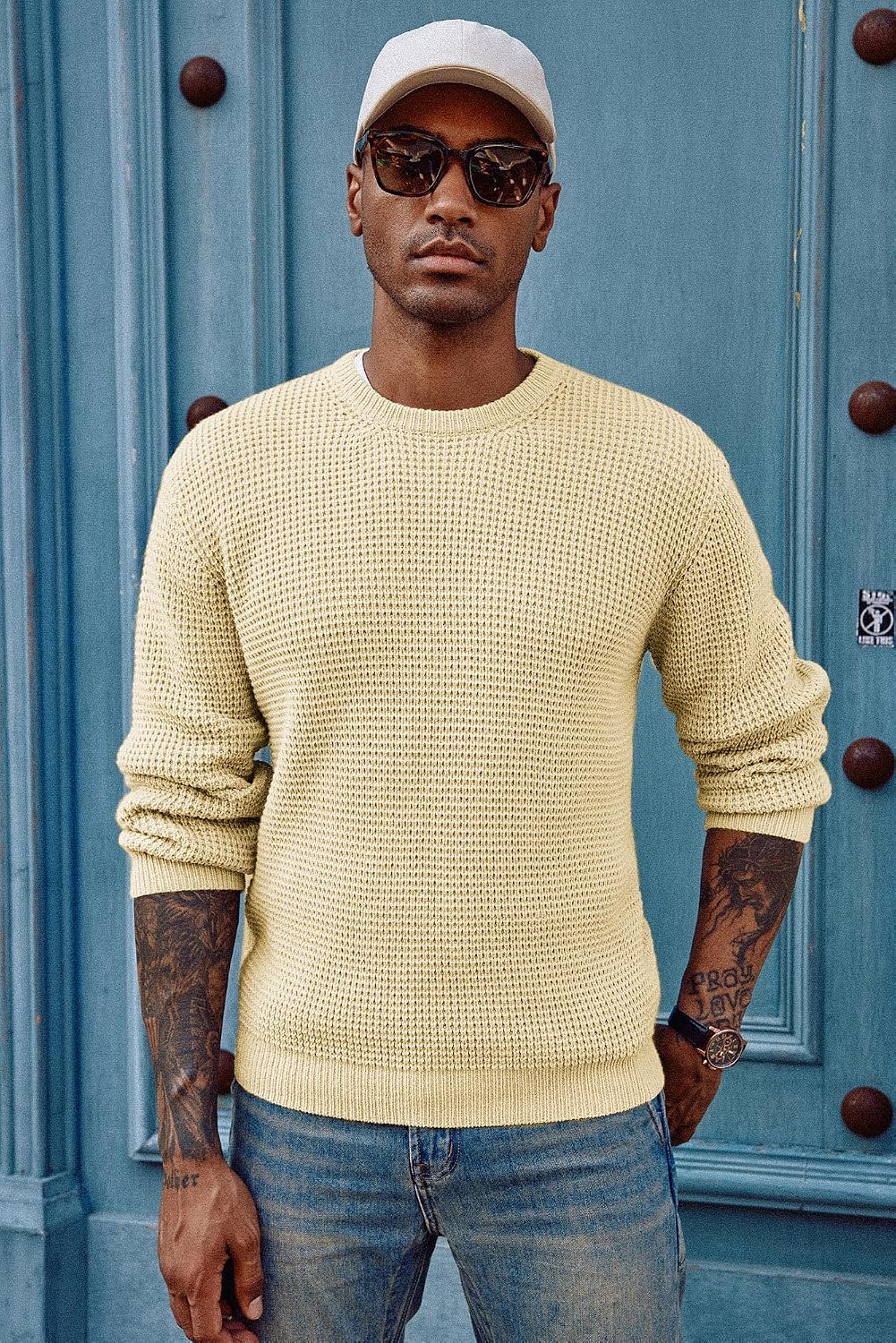 PJ PAUL JONES Mens Pullover Sweater Waffle Textured Long Sleeve Knitted Sweaters