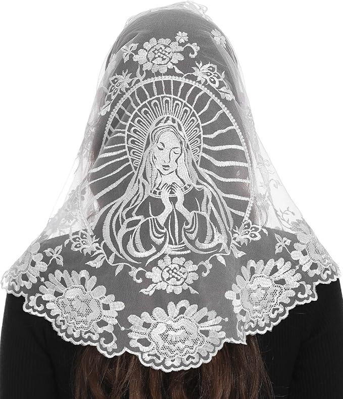 Bozidol Church Mantilla - Catholic Veil With Triangle Holy Virgin Embroidery - Traditional Mass Chapel Veil