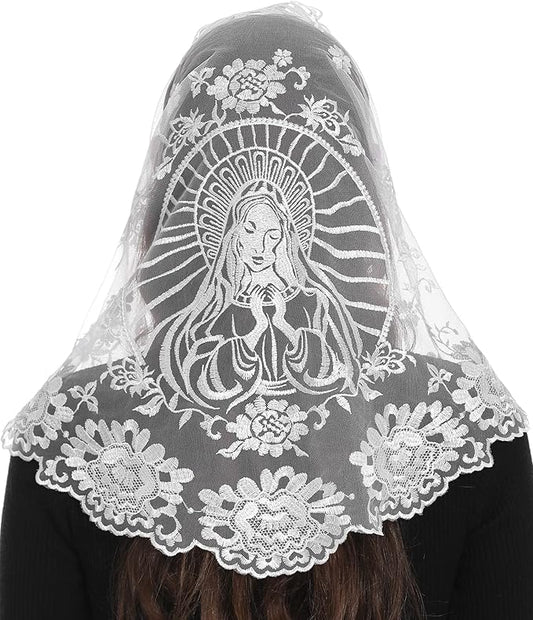 Bozidol Church Mantilla - Catholic Veil With Triangle Holy Virgin Embroidery - Traditional Mass Chapel Veil