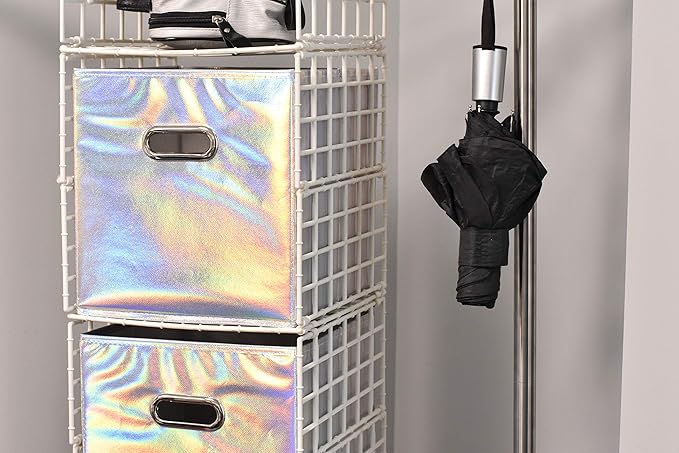 Handy Laundry 6-Pack Foldable Cube Storage Bins – Decorative Collapsible Organizer for Shelves, Closets, Underbed, Clothes, or Kids’ Toys (Shiny Silver)