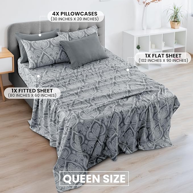 Ultra Soft Wrinkle-Free Microfiber Paisley Queen Sheet Set, Cute Floral Pattern Boho Print – 16" Deep Pocket Fitted Sheet, Flat Sheet & 4 Pillowcases, Breathable, OEKO-TEX - Grey