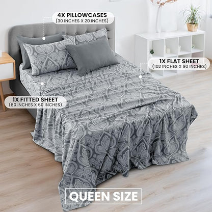 Ultra Soft Wrinkle-Free Microfiber Paisley Queen Sheet Set, Cute Floral Pattern Boho Print – 16" Deep Pocket Fitted Sheet, Flat Sheet & 4 Pillowcases, Breathable, OEKO-TEX - Grey