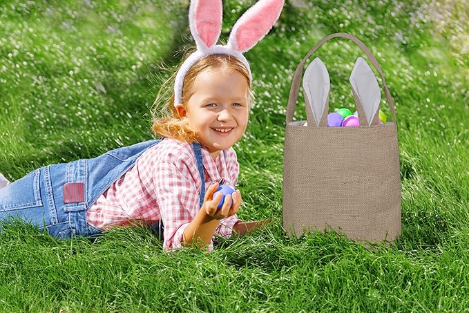 Easter Egg Hunt Basket Bag - Bunny Rabbit Ear Design - Reusable Grocery Shopping Baskets - Kids Party Gift Bags - Baby Shower  Book Storage by Jolly Jon (BurlapWhite Ears)