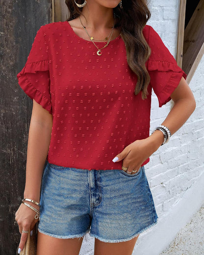 PRETTYGARDEN Women's Tops 2026 Summer Ruffle Short Sleeve Crewneck Blouses Swiss Dots Solid Loose Tunics Work Shirts