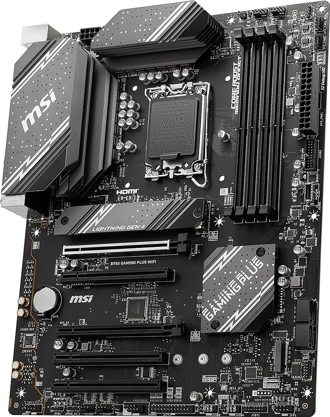 MSI B760 Gaming Plus WiFi Gaming Motherboard (Supports 12th/13th/14th Gen Intel Processors, LGA 1700, DDR5, PCIe 4.0, M.2, 2.5Gbps LAN, USB 3.2 Gen2, HDMI/DP, Wi-Fi 6E, Bluetooth 5.3, ATX)