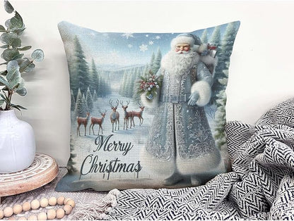 Throw Pillow Cover 20x20 Inch,Santa Blue and Silver with Forest with Deer Merry Christmas Throw Pillow Case,Home Decor Cushion Covers for Sofa Living Room Couch Bed
