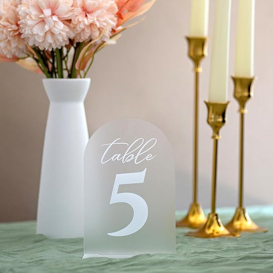 Frosted Wedding Table Numbers w/Stands 1-15, Bold, White Print 4x6 Arch Acrylic Table Numbers - Elegant & Sturdy Reusable Table Numbers for Wedding Reception Centerpiece