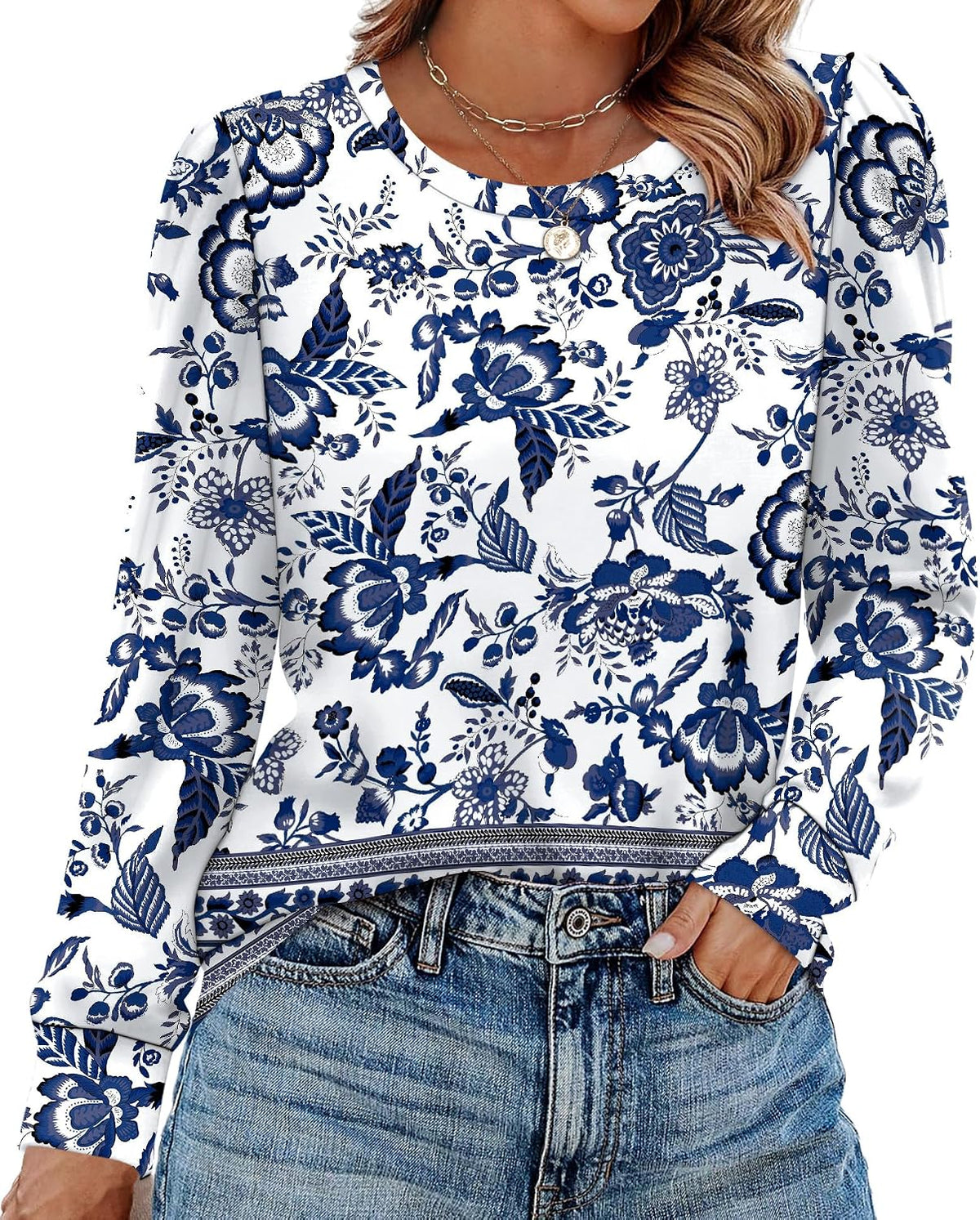 Womens Long Sleeve Shirts 2025 Fall Tunic Tops Crewneck Blouses Print