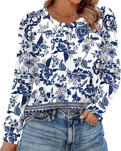 Womens Long Sleeve Shirts 2025 Fall Tunic Tops Crewneck Blouses Print