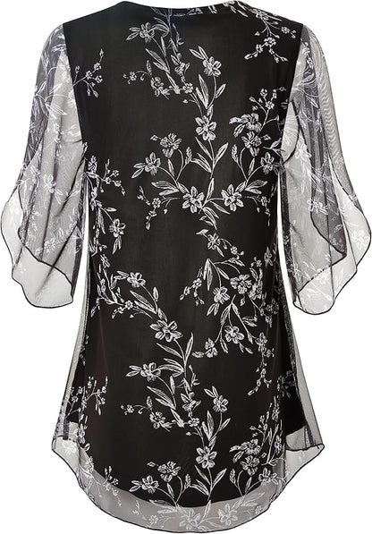 SeSe Code Womens Ruffle 3/4 Sleeve Mesh Blouses Loose Flowy Tops Stretchy Shirts