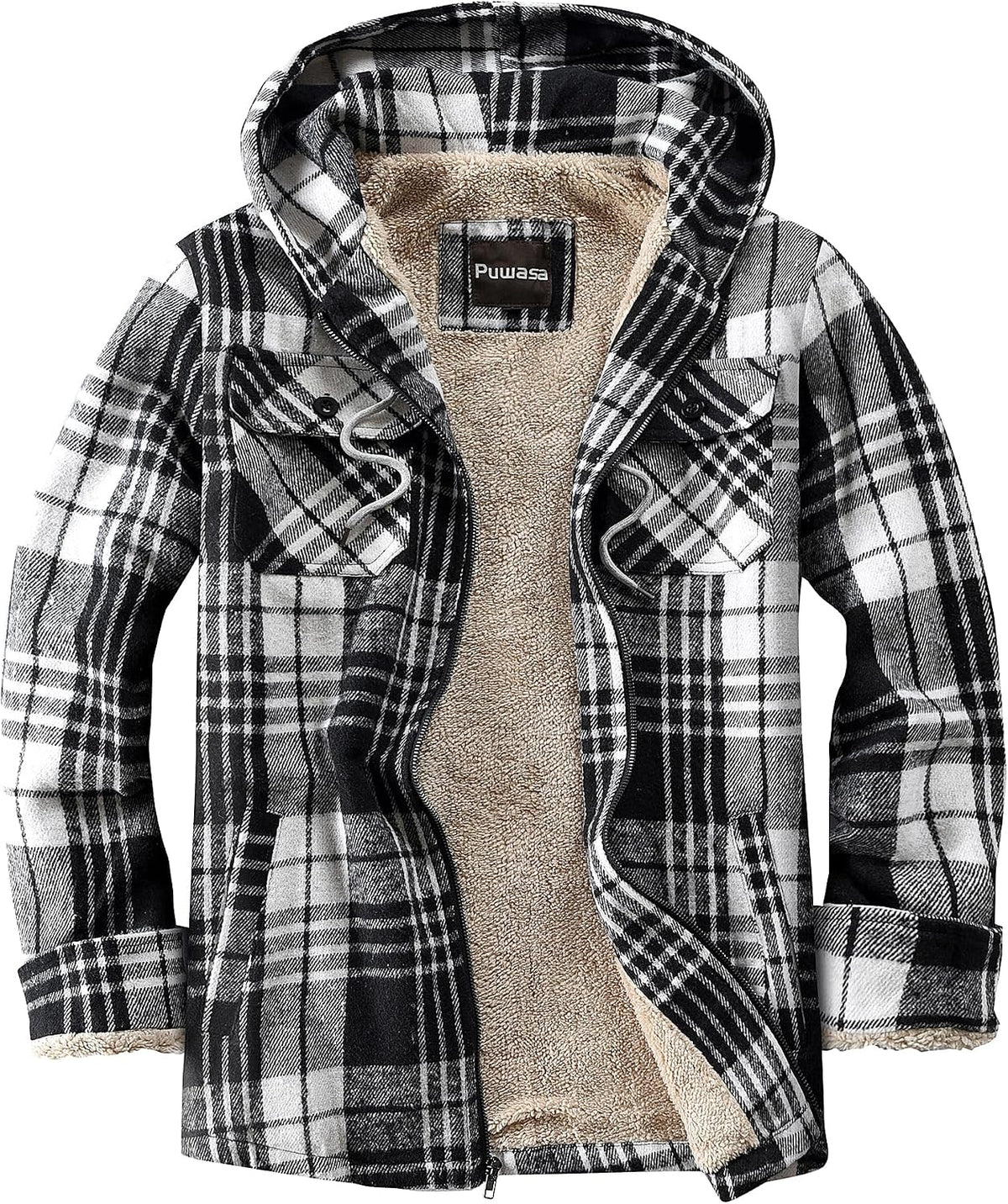 Men's Full Zip Sherpa Lined Flannel Jacket Fleece Hooded Plaid Jacket with Hood for Men