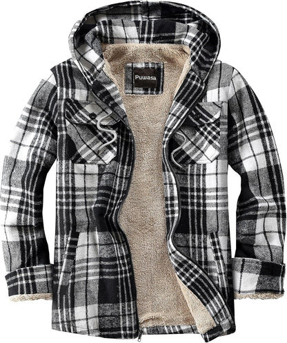 Men's Full Zip Sherpa Lined Flannel Jacket Fleece Hooded Plaid Jacket with Hood for Men