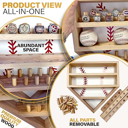 Baseball Championship Ring Display Case  Fully Customizable Baseball Ring Holder with 39 Removable Pegs  3 Shelves  Easter Gifts for Kids  Designed in The U.S.