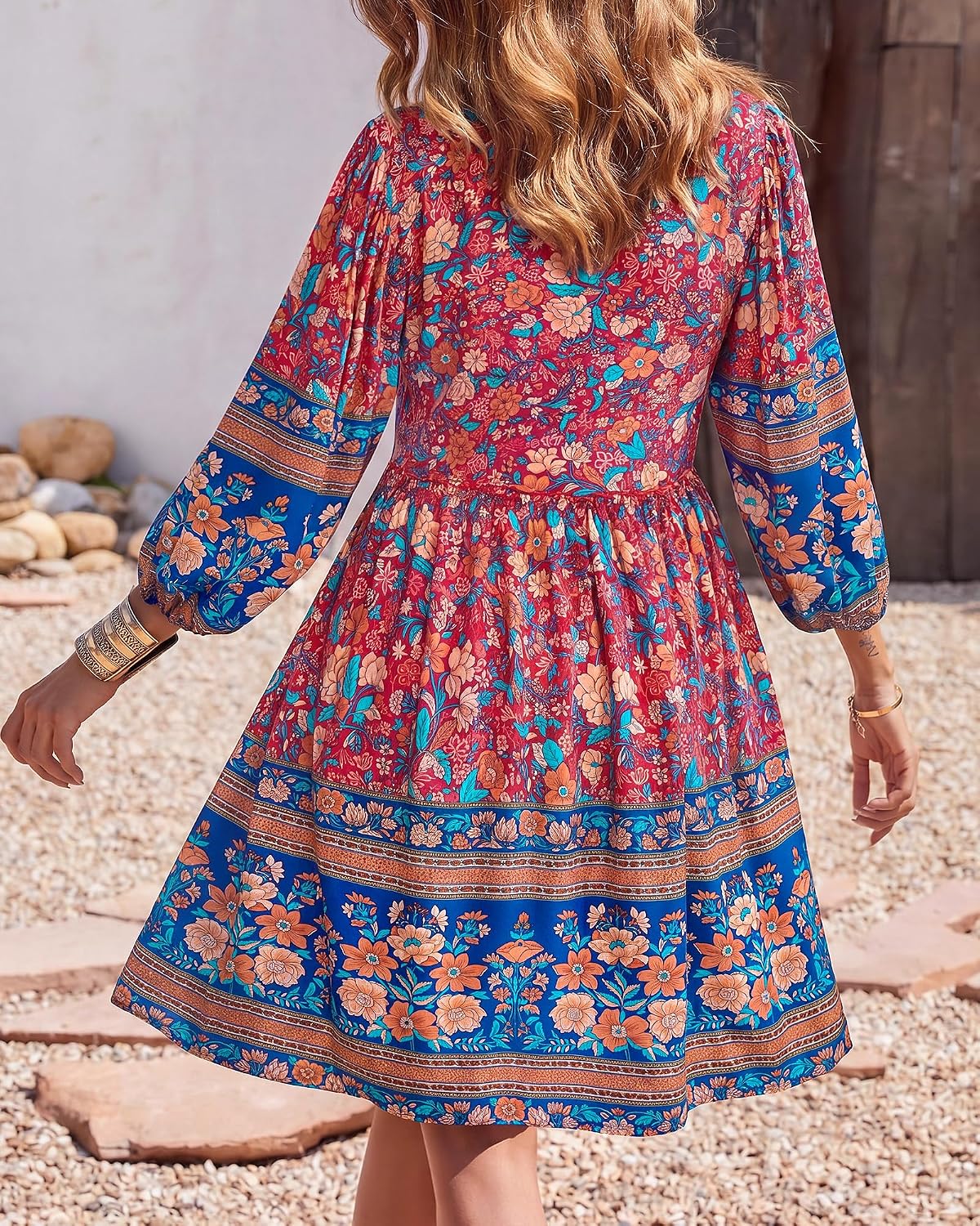 Women Casual Spring Summer Dresses V Neck 3/4 Long Sleeve Ruffle Floral Flo