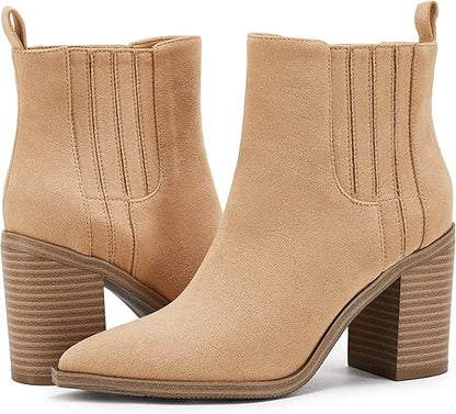 Womens Ankle Boots Slip on Pointed Toe Chunky Block Mid Heel Leather Elastic Panel Casual Chelsea Western Booties