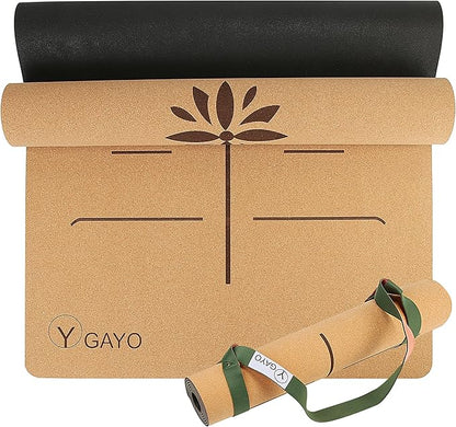 Premium Yoga Cork Mat  5mm Thick Natural Tree Rubber Base and Bigger Mat for Extra Support, Alignment lines for Guidance  Non-Slip, Natural  Eco-friendly, Your Ultimate Eco-Friendly Yoga Companion