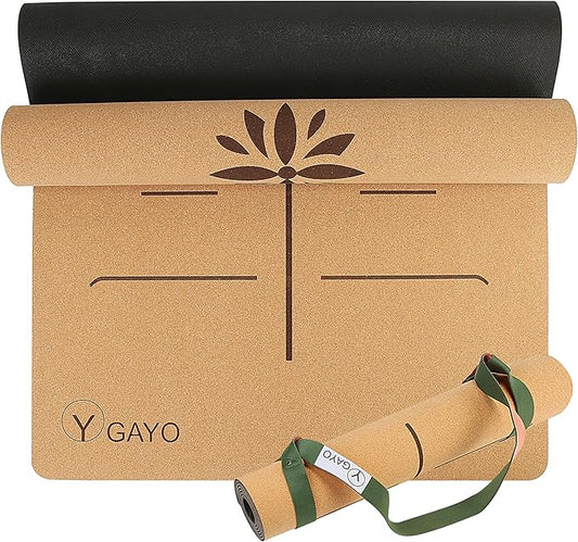 Premium Yoga Cork Mat  5mm Thick Natural Tree Rubber Base and Bigger Mat for Extra Support, Alignment lines for Guidance  Non-Slip, Natural  Eco-friendly, Your Ultimate Eco-Friendly Yoga Companion