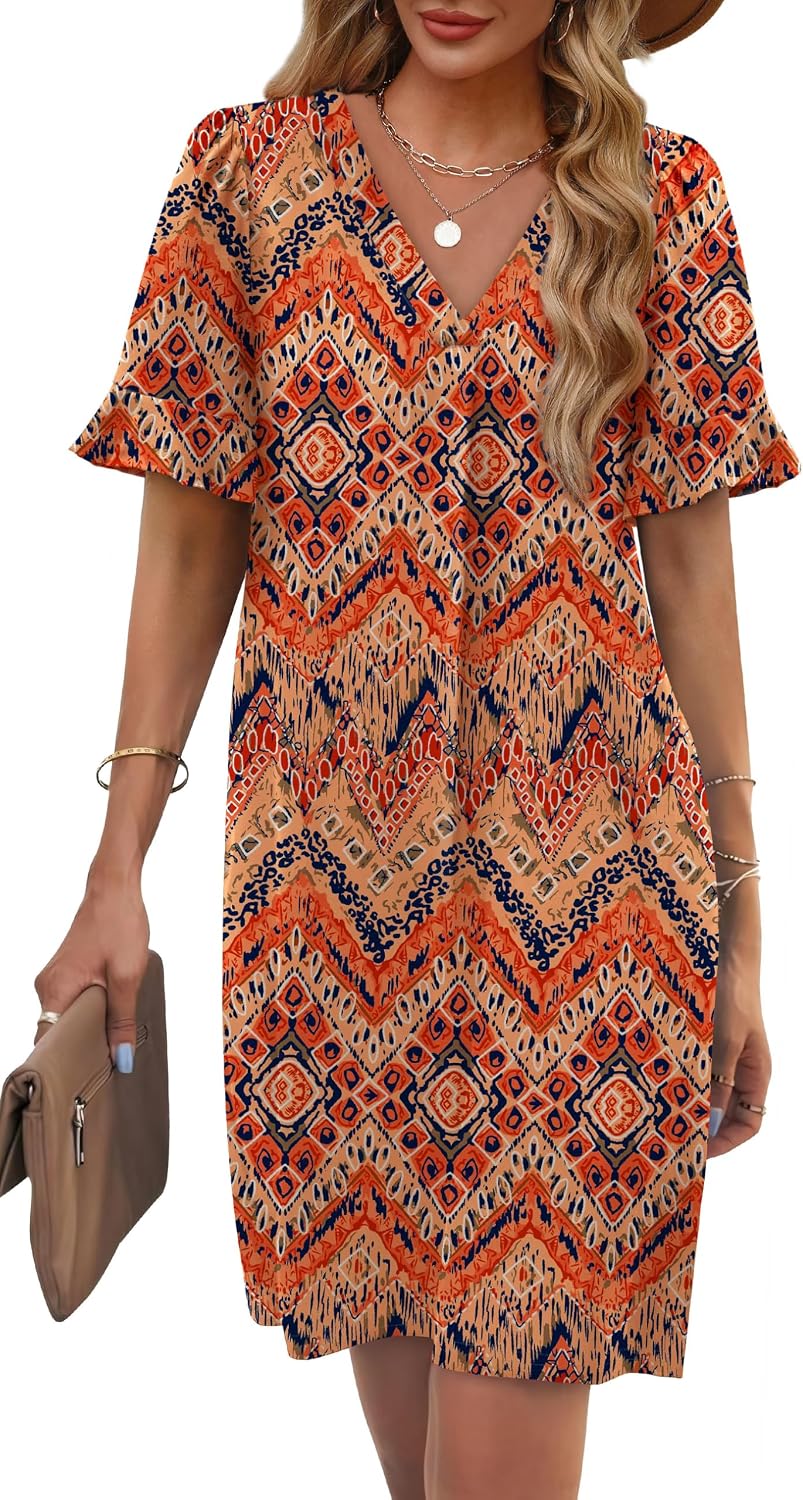 OFEEFAN Summer Dresses for Women Ruffle Short Sleeve V Neck Casual Shift Dress with Pockets .