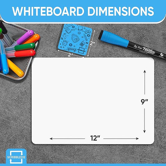 Scribbledo 12 Small White Board Dry Erase Boards Classroom Pack Mini White Boards 9"x12Au Double Sided Personal Whiteboards for Students Teachers School Supplies Lapboards Mini Whiteboard Erasers Incl