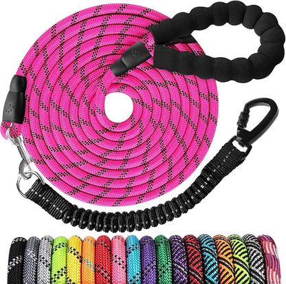 Long Dog Leash 20 FT: Heavy Duty Rope Leashes for Dogs Training with Swivel Lockable Hook Reflective Threads Bungee and Padded Handle - Dog Lead for Large Small Medium Dogs Outside Walking Hiking Pink