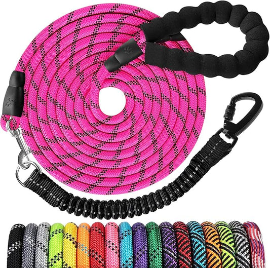 Long Dog Leash 20 FT: Heavy Duty Rope Leashes for Dogs Training with Swivel Lockable Hook Reflective Threads Bungee and Padded Handle - Dog Lead for Large Small Medium Dogs Outside Walking Hiking Pink