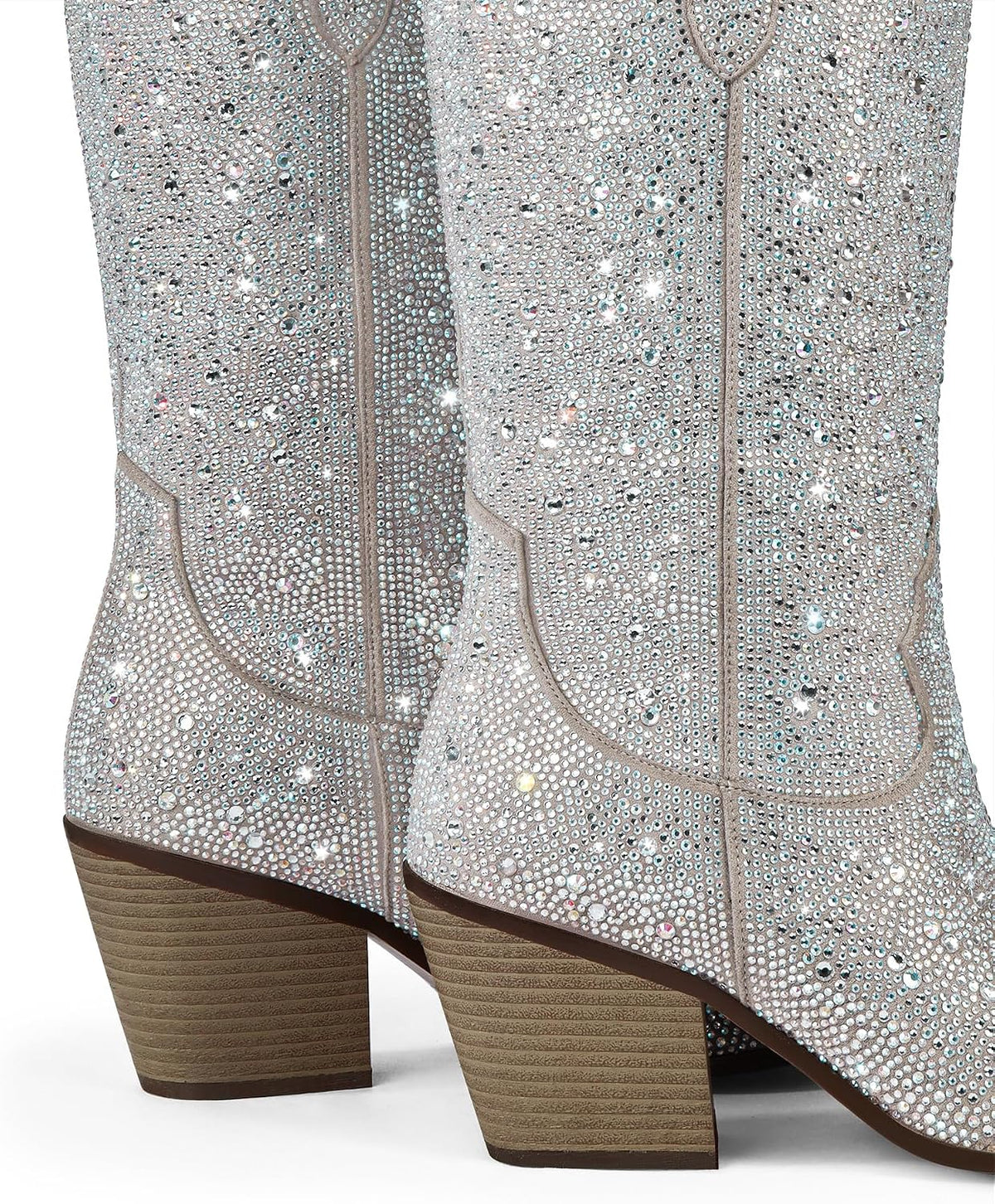 Women's Rhinestone Mid Calf Boots Sparkly Block Heel Cowboy Boots Glitter Boots