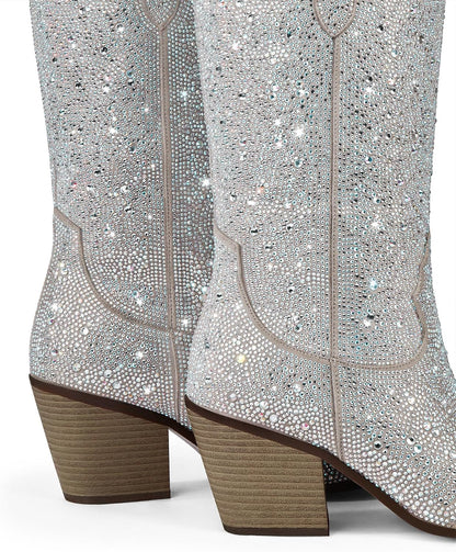 Women's Rhinestone Mid Calf Boots Sparkly Block Heel Cowboy Boots Glitter Boots