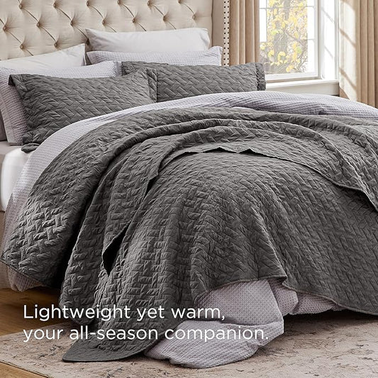 Bedsure Quilts Queen Size - Lightweight Bedspreads Queen Size with Basket Weave Pattern, Soft Quilt Bedding Set, Grey Comforter Set Coverlet for All Seasons with 2 Pillow Shams