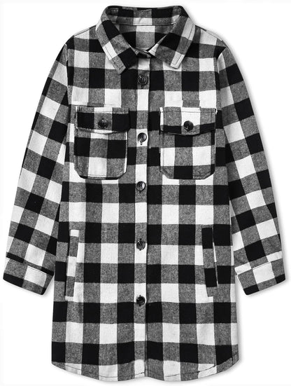 Women and Girls Oversized Flannel Plaid Shirt Mid-Length Casual Button Down Shirt with Pockets