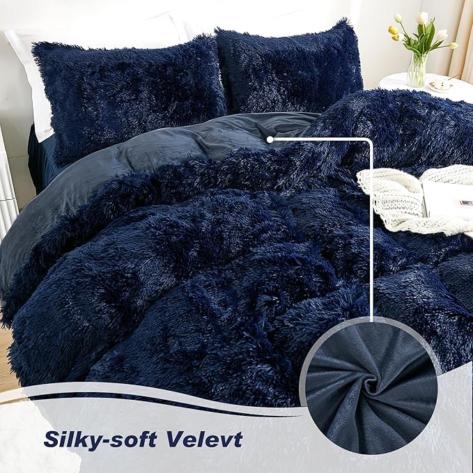 annadaif Fluffy Duvet Cover Queen Size, Navy Blue Plush Shaggy Faux Fur Comforter Cover Velvet Bedding Set with Zipper Closure(1 Duvet Cover, 2 Pillowcases)